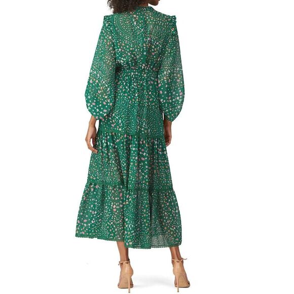 Three Floor Hansen Floral Long Puff Sleeve Ruffle Flowy Maxi Dress Green 4 - Picture 2 of 12